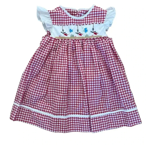 Petit Ami Baby Girl Red Check Plaid Anchor Fish Crab Embroidered Dress 12M - Picture 1 of 4